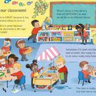 Ein farbenfrohes Klassenzimmer mit spielenden Kindern, die malen, basteln und lesen. Texte beschreiben ihre Aktivitäten und Vielfalt.