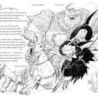 "Heroes and Villains", "Places of Power", Gedicht von Robert Louis Stevenson. Illustration zeigt Hexen und riesige Gestalten auf Pferden.