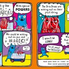 Eine bunte Comic-Illustration mit sprechenden Figuren, die über magische Kräfte diskutieren.