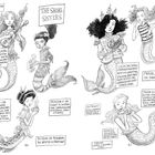 Eine Zeichnung zeigt mehrere Meerjungfrauen mit Talenten: Musik, Wetterkontrolle und emotionale Wahrnehmung. Texte beschreiben Fähigkeiten.