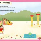 "Time to dance. Bang goes the drum! Colorful dragon dancers. Trommeln vertreiben böse Geister."  
Illustration mit Drachen- und Trommlerkind.