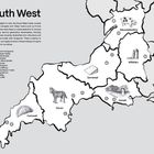 "South West"; Liste von Weingütern und Regionen in England. Skizzen: Tier, Kuchen, Käse, Felsen. Karte mit Umrissen.