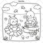 Text: "Palm Pals". Eine kindliche Zeichnung mit zwei fröhlichen Bienen auf Blumen sitzend, umgeben von Pilzen und Blättern.