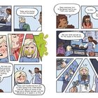 Dialog und Gedanken wechseln zwischen einer Lehrerin und Schülern in einem Klassenzimmer. Es sind lebendige, farbige Comic-Illustrationen von Interaktionen und Gefühlen, mit Fokus auf eine Schülerin namens Peyton und ihre Anpassung an den Unterricht.