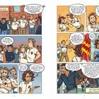 Comic mit Schülern, die ein Spiel besprechen. Lehrer gibt Anweisungen, Diskussionen über Rollen, lauter Knall, Vater reagiert.