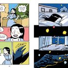 Comic-Illustration: Ein Mädchen erfährt von einem Umzug in die Stadt und unterhält sich mit einem Vogel, der mit "CAW" antwortet.