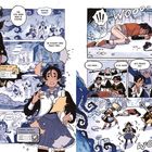 Mehrere Personen in beunruhigender Umgebung. „The evil aura here is strong.“ „He's passed out.“ Manga-Stil.