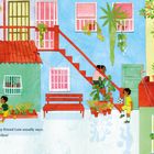 „Let’s play at Mamá Elena’s house, Manuel!” steht unten. Fröhliche Szene: Menschen, Pflanzen, buntes Gebäude.