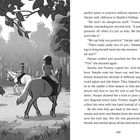 Text auf der rechten Seite: Dialoge und Erzählung über Reitübungen. Links: Illustration von drei Reitern im Wald.