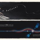 "a balloon!" - Ein Detail einer Spinne neben einem hell leuchtenden Objekt. Zweiter Text beschreibt eine lebhafte Szenerie.