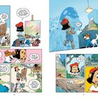 Eine Comicfigur bemalt eine Leinwand mit einem Hund. Es gibt Dialoge über Kunst und eine unerwartete Entdeckung.