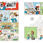 Comic mit Hund und Kind. Der Hund schnuppert an einem Bild. Dialoge über Kunst und Malen. Humorvolle Szene.