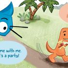 Illustration: Ein blauer, fliegender Drache sagt: "Come with me. It's a party!" Ein orangefarbener Dinosaurier antwortet begeistert.