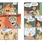 Comic mit Feuerwehrleuten, die mit einer sprechenden Flamme diskutieren. Flamme ist kein Schaden; Diskussion über kontrolliertes Feuer.