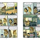 Comic-Panel mit einer Gruppe Kinder. Dialoge über Freundschaft, Sicherheit und eine vermisste Figur namens „Sashimi“.