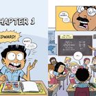 "CHAPTER 1. EDWARD! WHAT? Um...yes, Mr. Perks? THE ANSWER. WHAT IS IT?" Ein Junge sitzt im Klassenzimmer, überrascht.