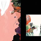 Links auf rosa Hintergrund sind Blumen und Blätter. Rechts eine Illustration von Bäumen und einem Schwan im Wasser.