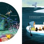 Links eine Unterwasserszene mit tauchenden Kindern. Rechts ein Boot mit zwei Kindern, Lagerfeuer und Pinguinen.