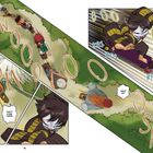 „FWOOOM“, „RTTL“, „WAIT UP!“, „CAN'T LOSE THEM!“. Illustration von Skateboardern in Bewegung durch bewaldetes Gebiet.