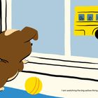 "I am Murphy. I am watching the big yellow thing take my boy away." Ein Hund schaut aus dem Fenster einem gelben Bus hinterher.