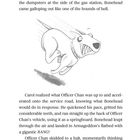 Text: "...block her escape...hounds of hell...", Illustration: Ein wütender Hund, der schnell läuft und die Zähne zeigt.