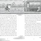 Seiten 2 und 3: Text erzählt von einem Kind im Regen, das einem Hund begegnet. Illustration zeigt Diesen am Buswartehäuschen.
