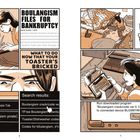 Links: "BOULANGISM FILES FOR BANKRUPTCY", "WHAT TO DO NOW THAT YOUR TOASTER'S BRICKED", Suchergebnisse; Rechts: Person nutzt USB-Stick.