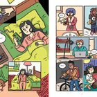 „Violet!“, „Hana-“, „Evelyn!“, „Owen!“, „Walt!“, „Kris!“. Illustration von Menschen in verschiedenen Umgebungen.