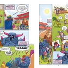 Mehrere Figuren stehen zusammen, teils in Ritterrüstung. Ein Charakter ruft "YEAAAH!" und ein anderer sagt: "I wait in line all day."