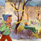 Ein Junge mit Mütze und Schal geht durch einen Park, Bäume sind mit Lichterketten geschmückt, Kinder spielen im Hintergrund.