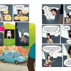 Textnachrichten auf einem Smartphone. Ein Mädchen im Auto spricht mit Eltern über Umzug und Freunde finden. Illustrationen.