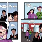 Comic Illustration: Dialoge über Spitznamen, Geheimnisse und Verabschiedungen. Eine Überraschungsreaktion. Figuren in fröhlicher Szene.