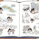 Texte: "As you probably remember..." "Saying goodbye..." "flying on an airplane..." "Who’s ready to have fun?" Illustrationen von Kindern, Flugzeug, Hund, Stadt.