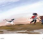 „With the dog and the rabbit, they run off to play.“ Ein Hund, zwei Kinder rennen auf einem Hügel; ein Haus im Hintergrund.