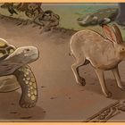 "Once upon a time, Slow raced Fast." Eine Schildkröte und ein Hase, umgeben von Tieren, scheinen sich ein Rennen zu liefern.