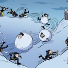 Ein Comic zeigt eine Person, die auf einem schneebedeckten Hügel von einer Schneekugel verfolgt wird.