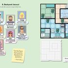 Links oben: "8. Backyard Jacuzzi". Personen mit Hinweisen. Rechts: Grundriss mit beschrifteten Räumen.