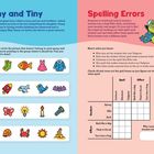 Text links: "Teeny and Tiny"
Text rechts: "Spelling Errors"

Darunter ein Rätsel mit bunten Illustrationen. Rechts ist ein Frosch.