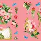Illustration: Bunte Rosensträuße, einzelne Blüten und blaue Schmetterlinge auf rosa Hintergrund.