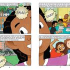 Eine Comic-Seite zeigt eine Erzählung über Geschichten, Familie, Freunde und sportliche Erfolge, begleitet von "SNAP!"-Effekten.