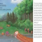 "Come, let's go to the Great Gathering Place. I'll take you there in my big red canoe." Links: Fluss, Kanus, Wald.