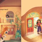 Links: "Ninang's here!" Rechts: "Magandang umaga!" Eine Frau begrüßt ein Kind an einer Haustür mit offenem Arm. Illustrierter Stil.