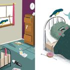 Ein Monster liegt im Bett, spricht mit einem Vogel über das Aufstehen und den Schulweg. Bunte und chaotische Umgebung.