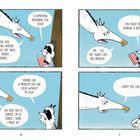 Vier Comic-Panels mit zwei Tieren: Ein nervöser Wolf fragt einen gelangweilten Waschbär nach dem Problem.