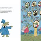 Text beschreibt eine Familie berühmter Erschrecker. Links Dinosaurier in Abschlussrobe, rechts Stammbaum als Illustration.