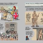 Ein Text beschreibt eine Einladung des britischen Staates an Jamaikaner nach dem Zweiten Weltkrieg. Illustrationen zeigen Britannia mit Union Jack und Menschen in Arbeitskleidung.