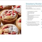 "Strawberry Ricotta Muffins. Mit frischen Erdbeeren, Rezept für 12 Muffins. Anleitung zeigt Schritte 1-7. Links Muffins mit Puderzucker."