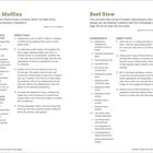 Links: "Fruit Muffins" Rezept, Informationen und Anleitung für 10-12 Muffins. Rechts: "Beef Stew" Rezept, Zutaten und Zubereitungsanleitung.