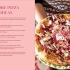 „More Pizza Ideas“: Eine Liste kreativer Pizza-Toppings. Rechts wird eine Pizza mit Radicchio und Käse gehalten.