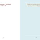 Linke Seite: "What family traditions do you remember from your own childhood?" mit roten Äpfeln am Rand. Rechte Seite: "What are your most cherished celebrations from your family, and how did they get started?" auf blauem Hintergrund.